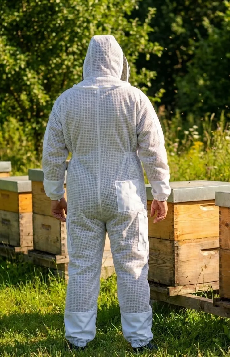 Beekeeper in the MS England suit standing among hives in a green apiary