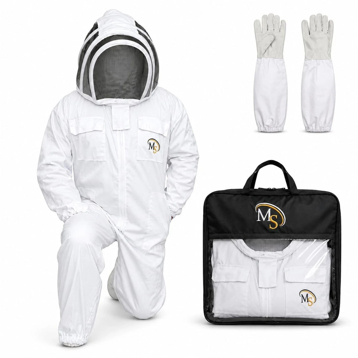 MS England beekeeping suit with hooded veil, together with beekeeping gloves and the branded storage bag