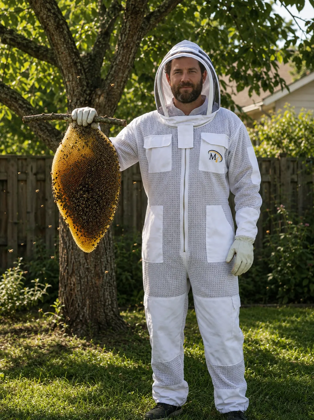 Beekeeper in the white MS England suit holding a branch with a wild swarm