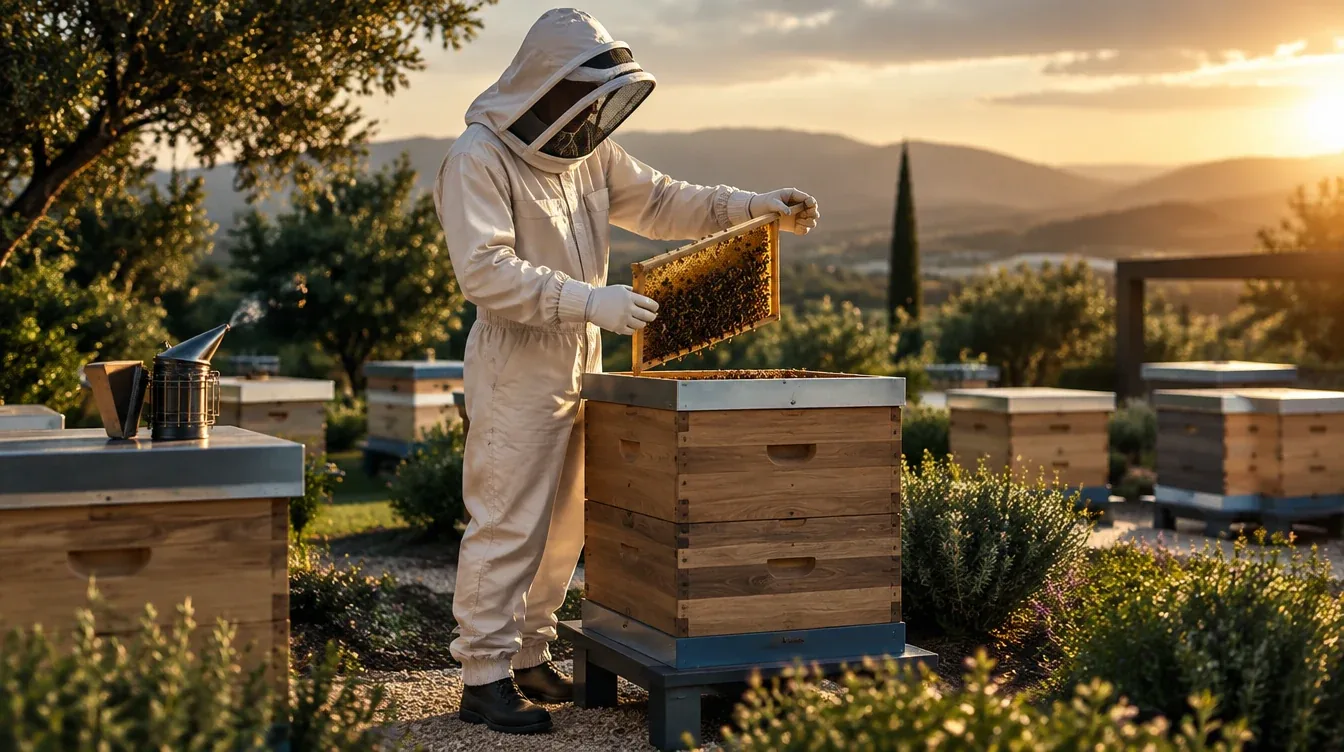 Beekeeper in a white MS England beekeeping suit lifting a frame from a hive at a sunset apiary